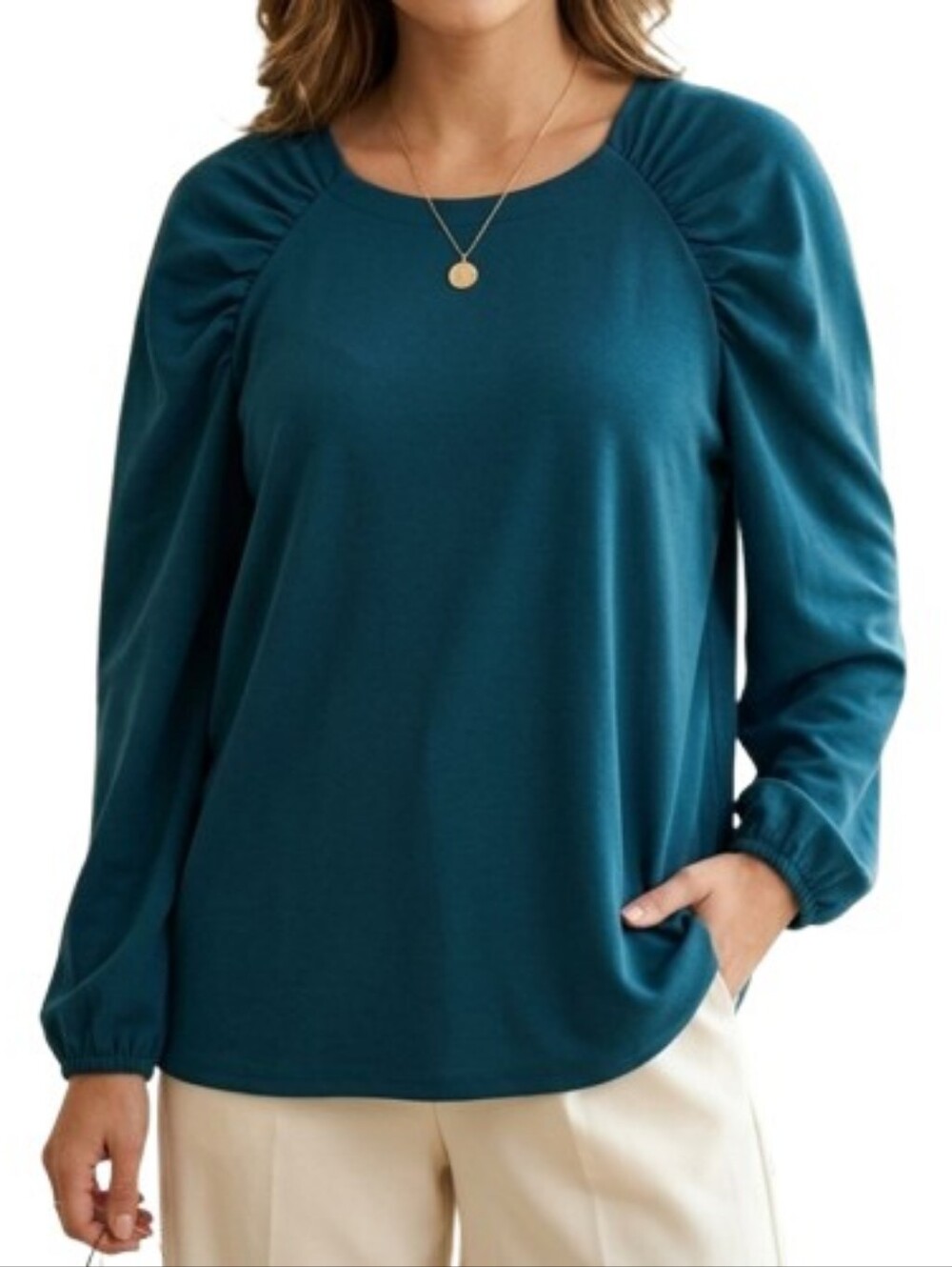 Ann Taylor Teal Blue Blouse Ruched Raglan Balloon Sleeves Solid Workwear Office